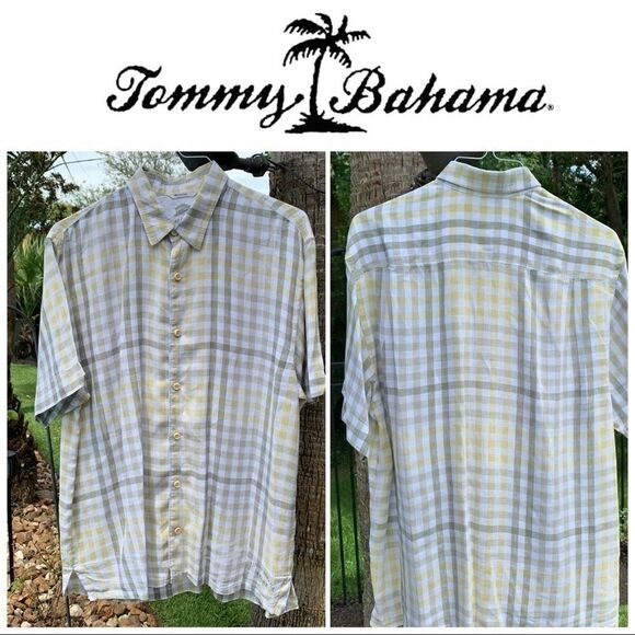 Large Tommy Bahama Yellow-Gray-White SS Shirt‎ - Picture 2 of 6